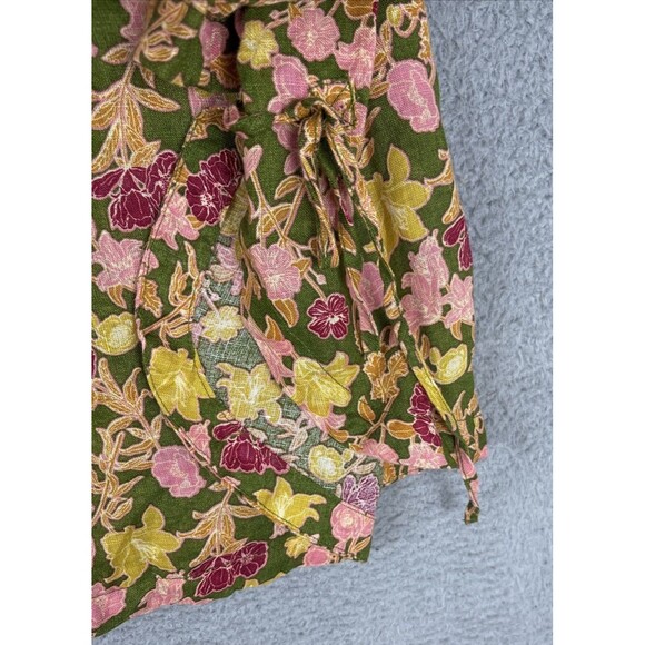 Cynthia Rowley 100% Linen European Flax Green Pink Floral Side Slits Blouse 2X - Picture 4 of 8
